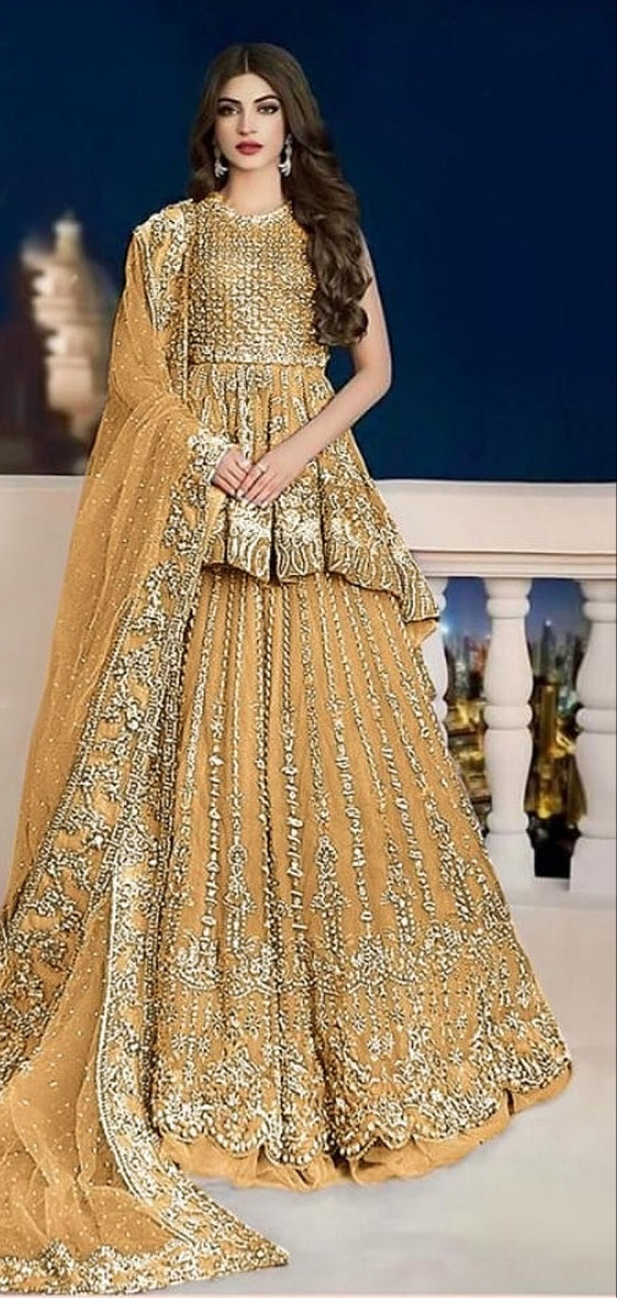 Stupendous Mustard Color Wedding Wear Net Embroidered Work Salwar Suit