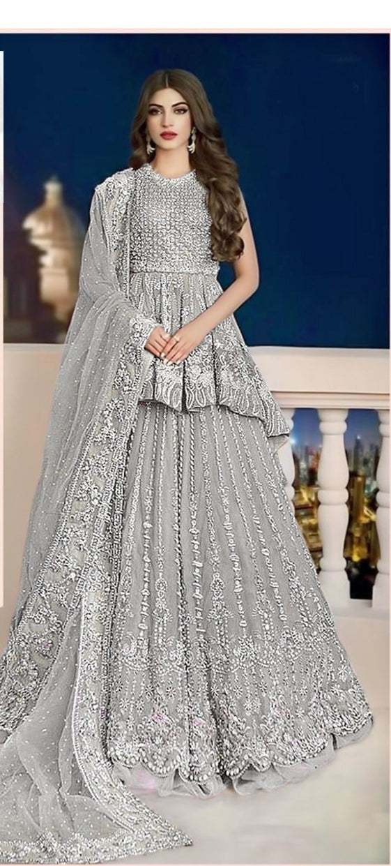 Delightful Grey Color Occasion Wear Net Embroidered Work Salwar Suit