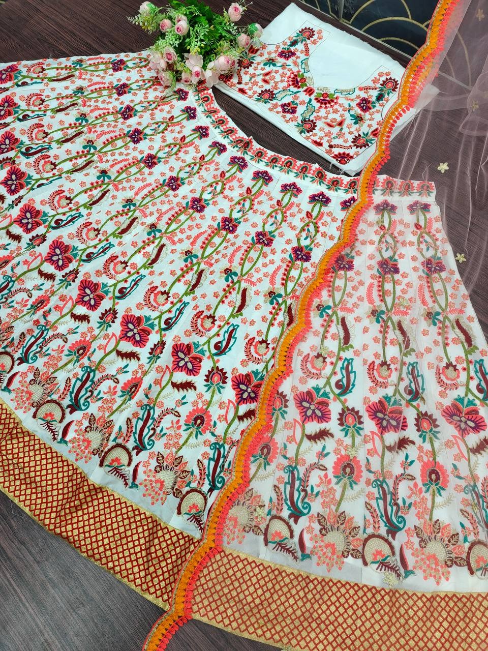 Elegant White Color Tapeta Silk Chine Stitched Work Lehenga Choli For Function Wear