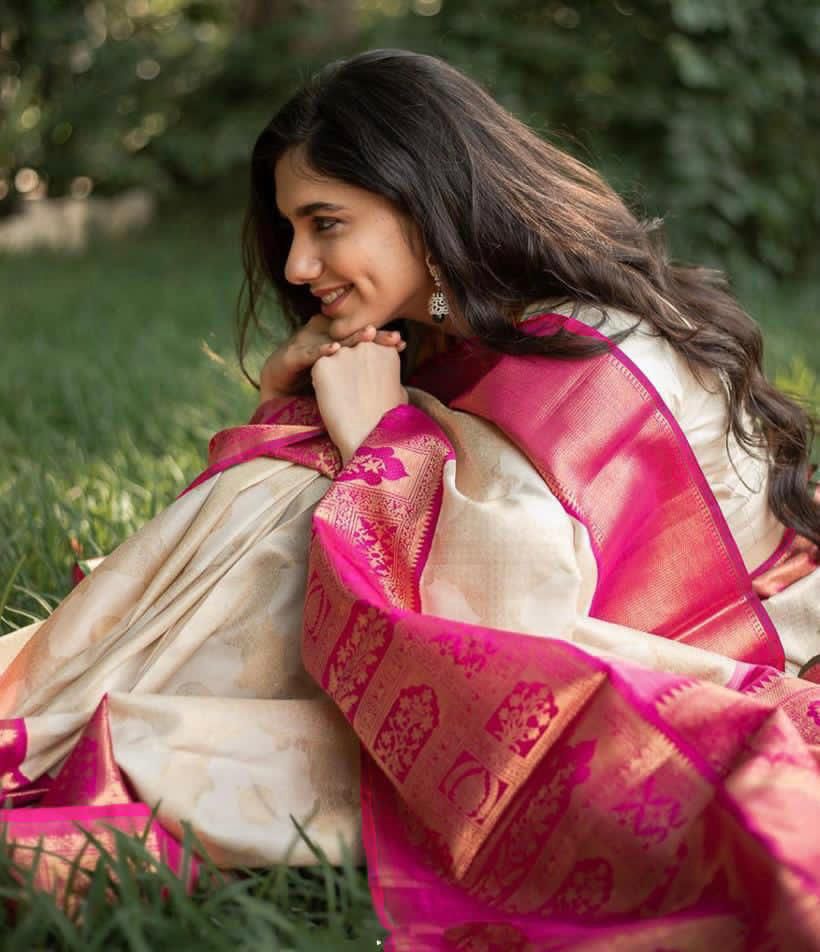Sensational Cream Color Art Silk Jacquard Work Saree Blouse For Festive Wear