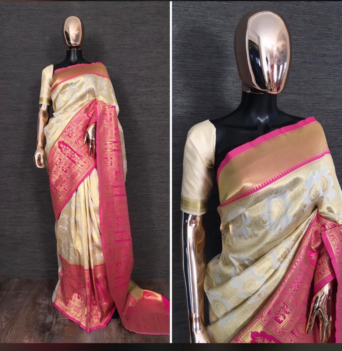Sensational Cream Color Art Silk Jacquard Work Saree Blouse For Festive Wear