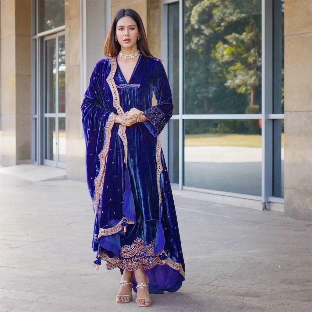 Unique Royal Blue Color Embroidered Work Velvet Sharara Suit For Ladies