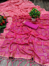 Load image into Gallery viewer, Alluring Georgette Beautiful Wedding Wear Bandhani Printed Foil Stone Work Jahalar Border Saree Blouse
