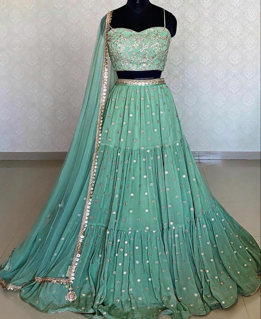 Entrancing Sea Green Color Art Silk Wedding Wear Sequence Work Lehenga Choli