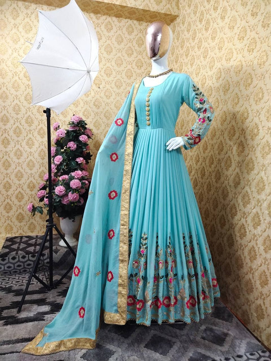 Starling Sky Blue Color Party Wear Georgette Diamond Work Salwar Suit For Women