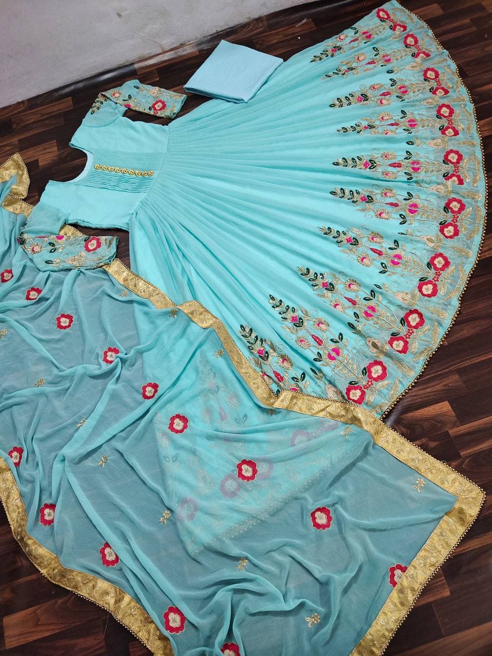 Starling Sky Blue Color Party Wear Georgette Diamond Work Salwar Suit For Women