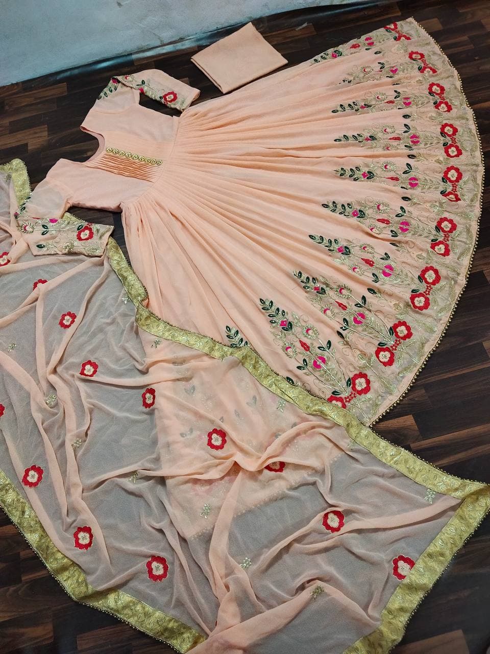 Shattering Peach Color Diamond Moti Work Georgette Salwar Suit Design