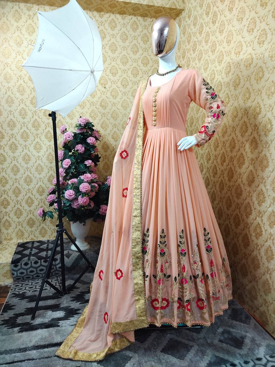 Shattering Peach Color Diamond Moti Work Georgette Salwar Suit Design