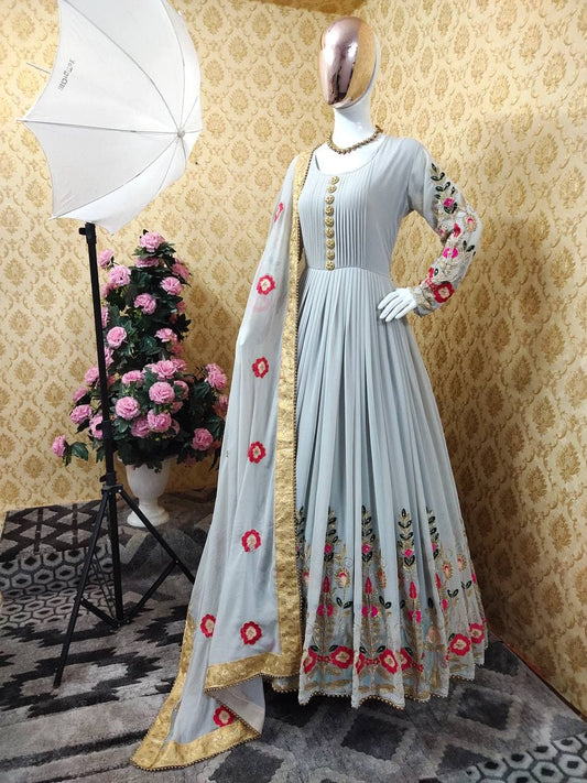 Ultramodern Grey Color Georgette Embroidered Hand Work Salwar Suit