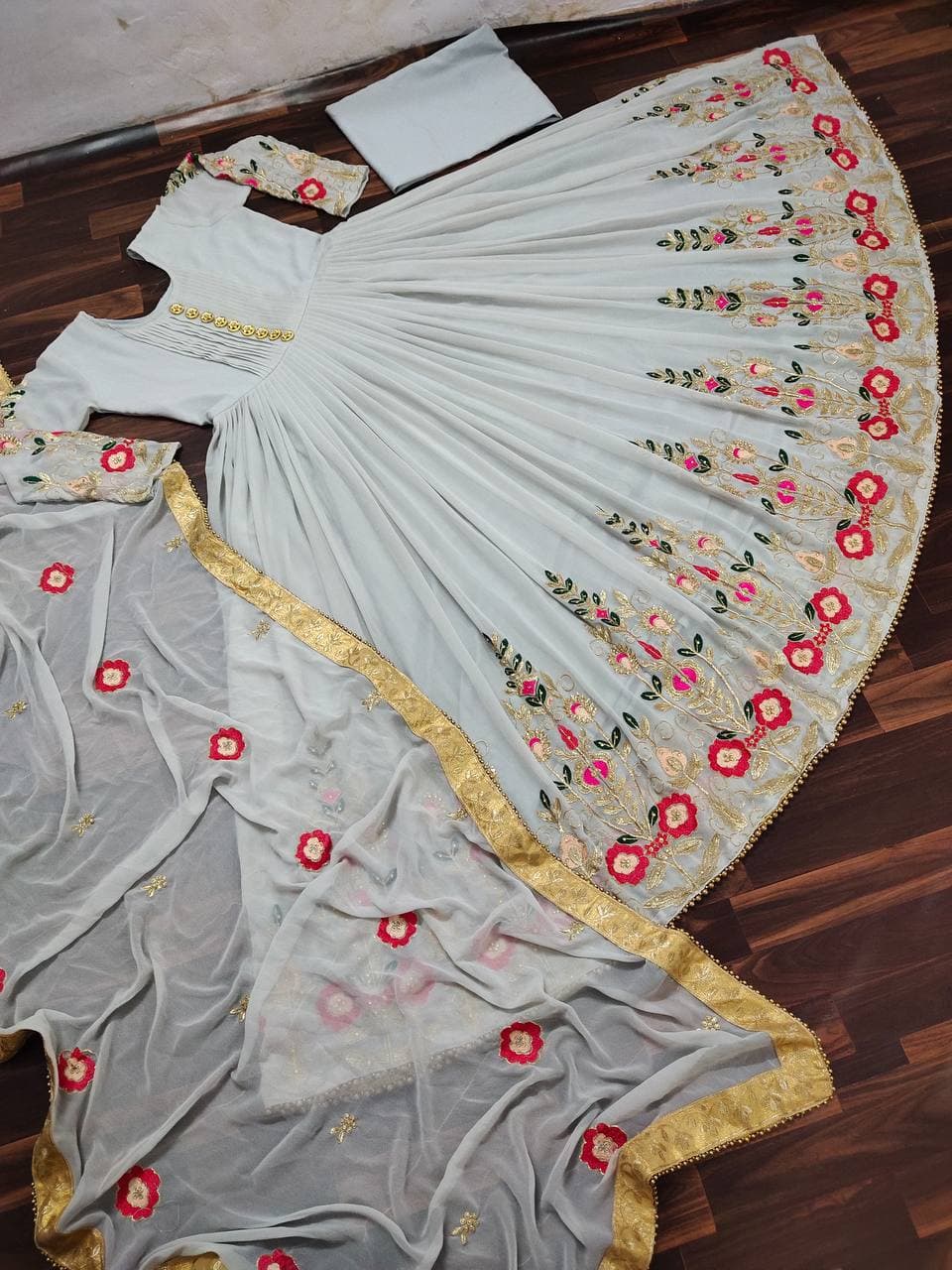 Ultramodern Grey Color Georgette Embroidered Hand Work Salwar Suit