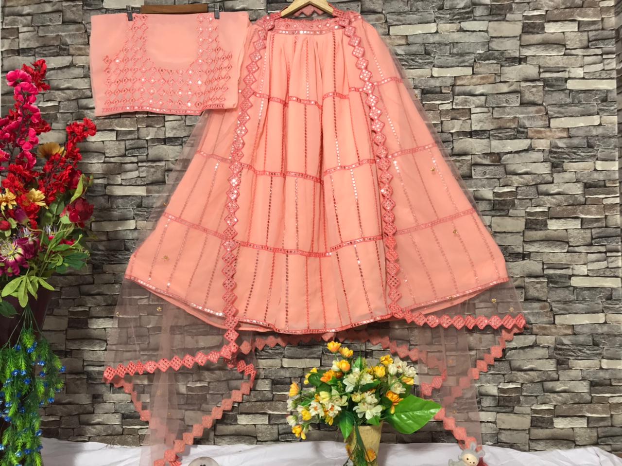 Graceful Peach Color Function Wear Georgette Fancy Sequence Embroidered Work Lehenga Choli
