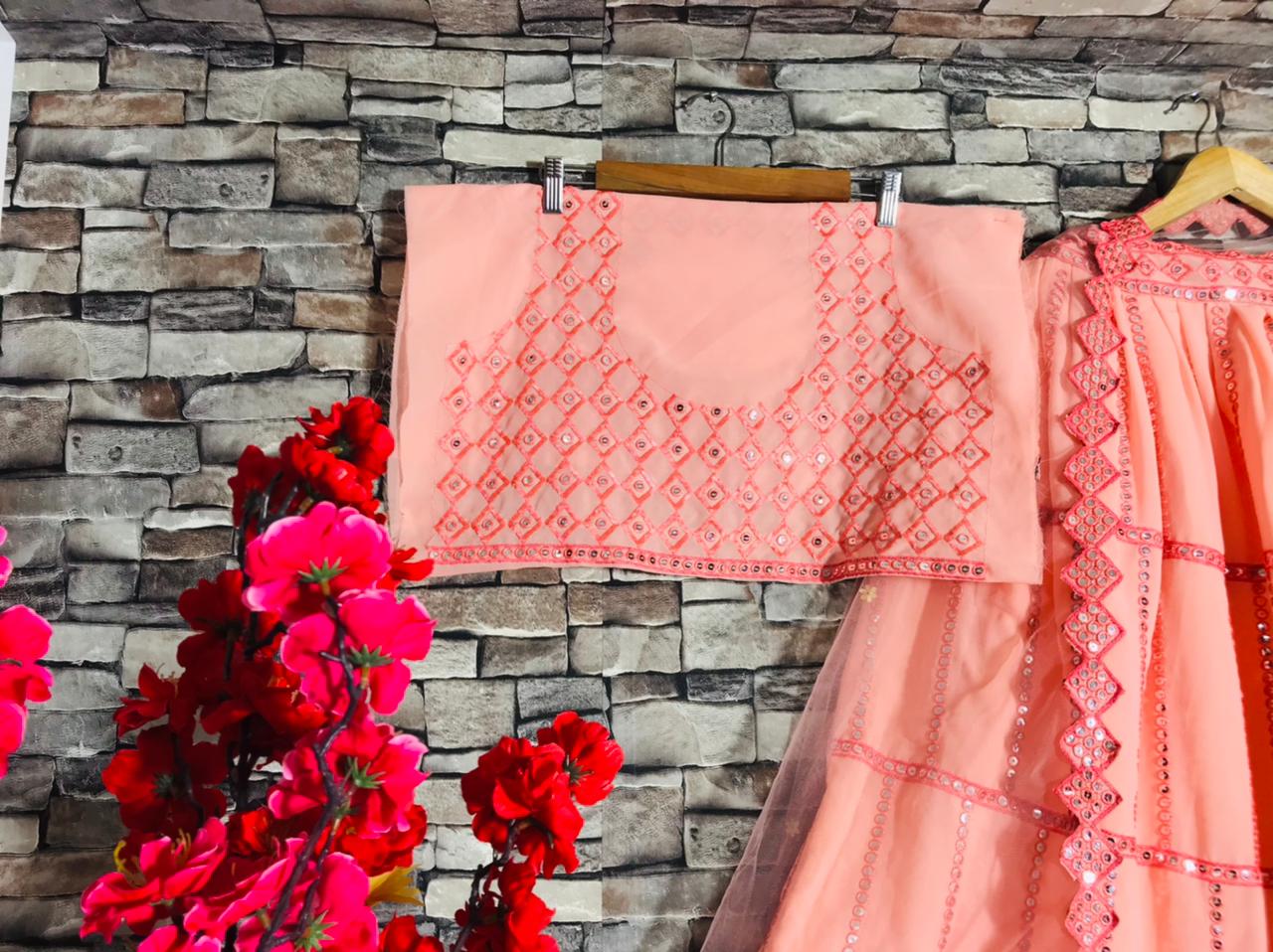 Graceful Peach Color Function Wear Georgette Fancy Sequence Embroidered Work Lehenga Choli