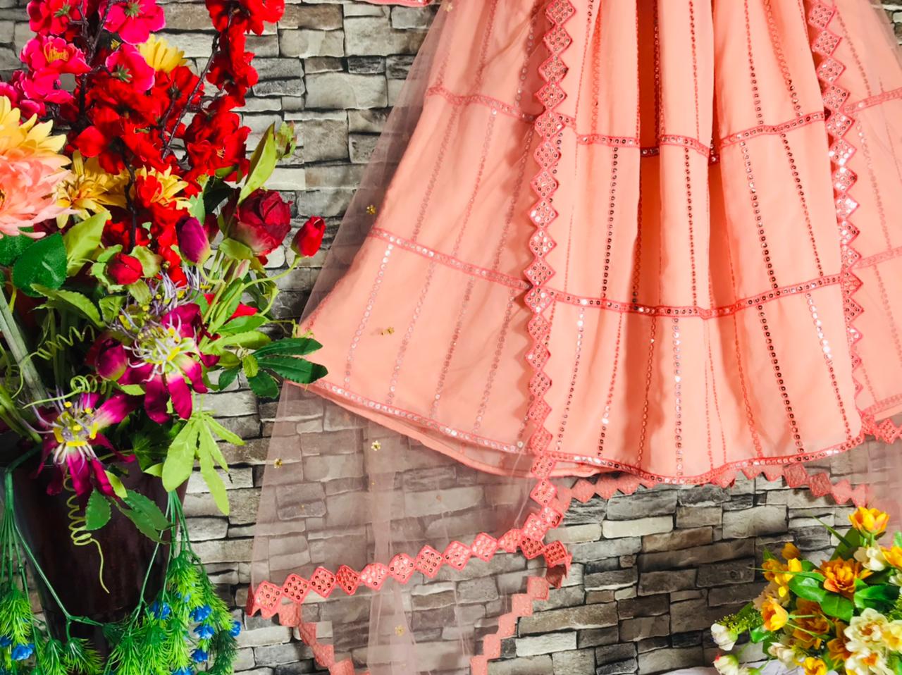 Graceful Peach Color Function Wear Georgette Fancy Sequence Embroidered Work Lehenga Choli