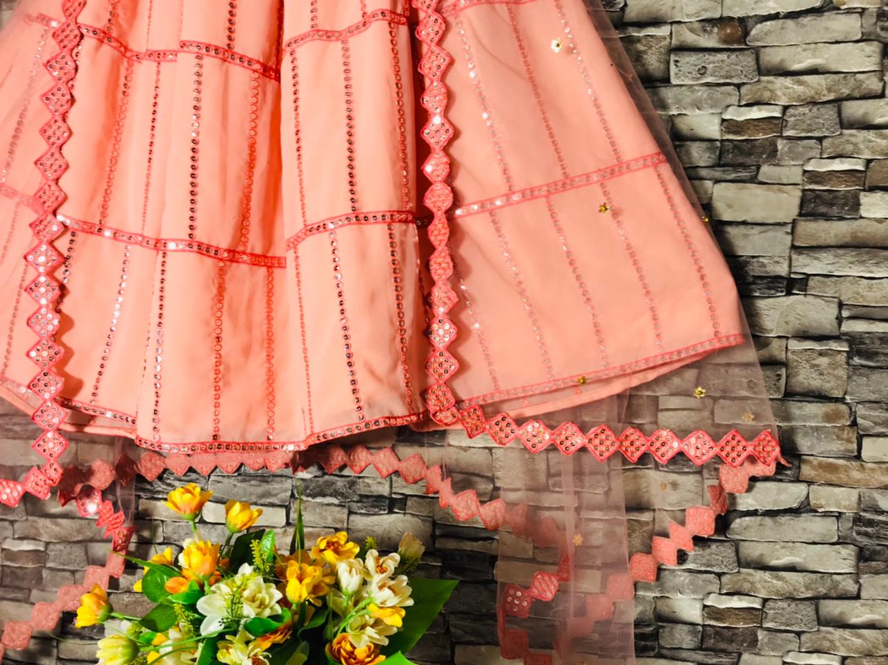 Graceful Peach Color Function Wear Georgette Fancy Sequence Embroidered Work Lehenga Choli