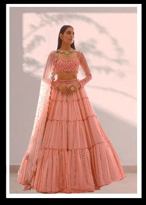 Graceful Peach Color Function Wear Georgette Fancy Sequence Embroidered Work Lehenga Choli