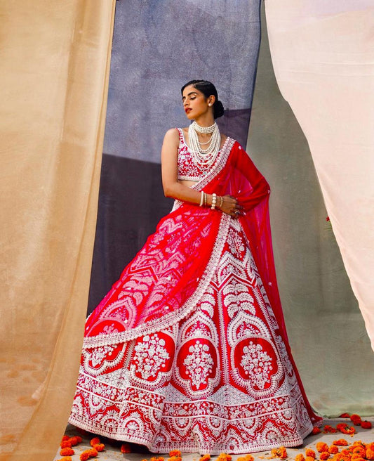 Wondrous Red Color Bridal Wear Taffeta Silk Embroidered Work Lehenga Choli