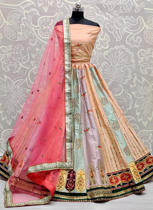 Wonderful New Peach Color Designer Art Silk Fancy Mirror Embroidered Thread Zari Sequence Work Lehenga Choli For Women