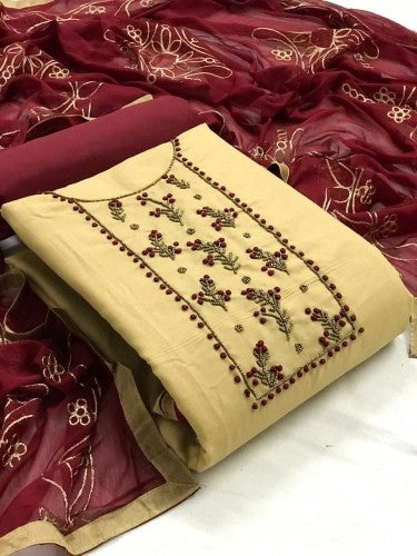 Delightful Cream Color Cotton Hand Work Party Wear Salwar Suit