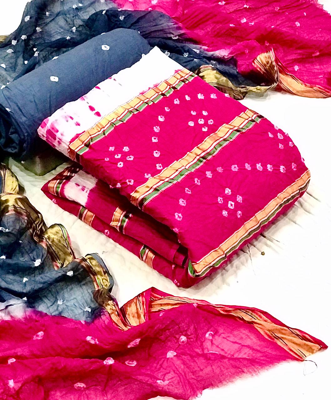 Exceptional Rani Pink Color Jazzy Cotton Satin Design Weaving Border Printed Bandhej Work Salwar Suit