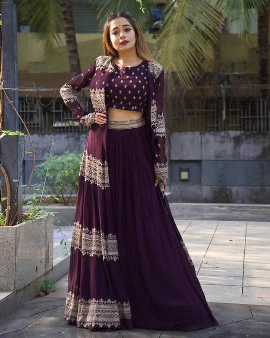 Novelty Wine Color Georgette Embroidered Work Indo Western Lehenga