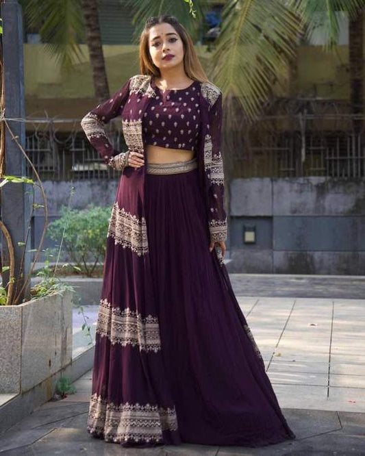Novelty Wine Color Georgette Embroidered Work Indo Western Lehenga