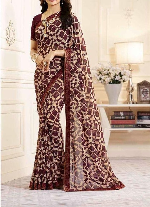 Amazing Maroon Color Casual Wear Printed Border Georgette Saree Blouse