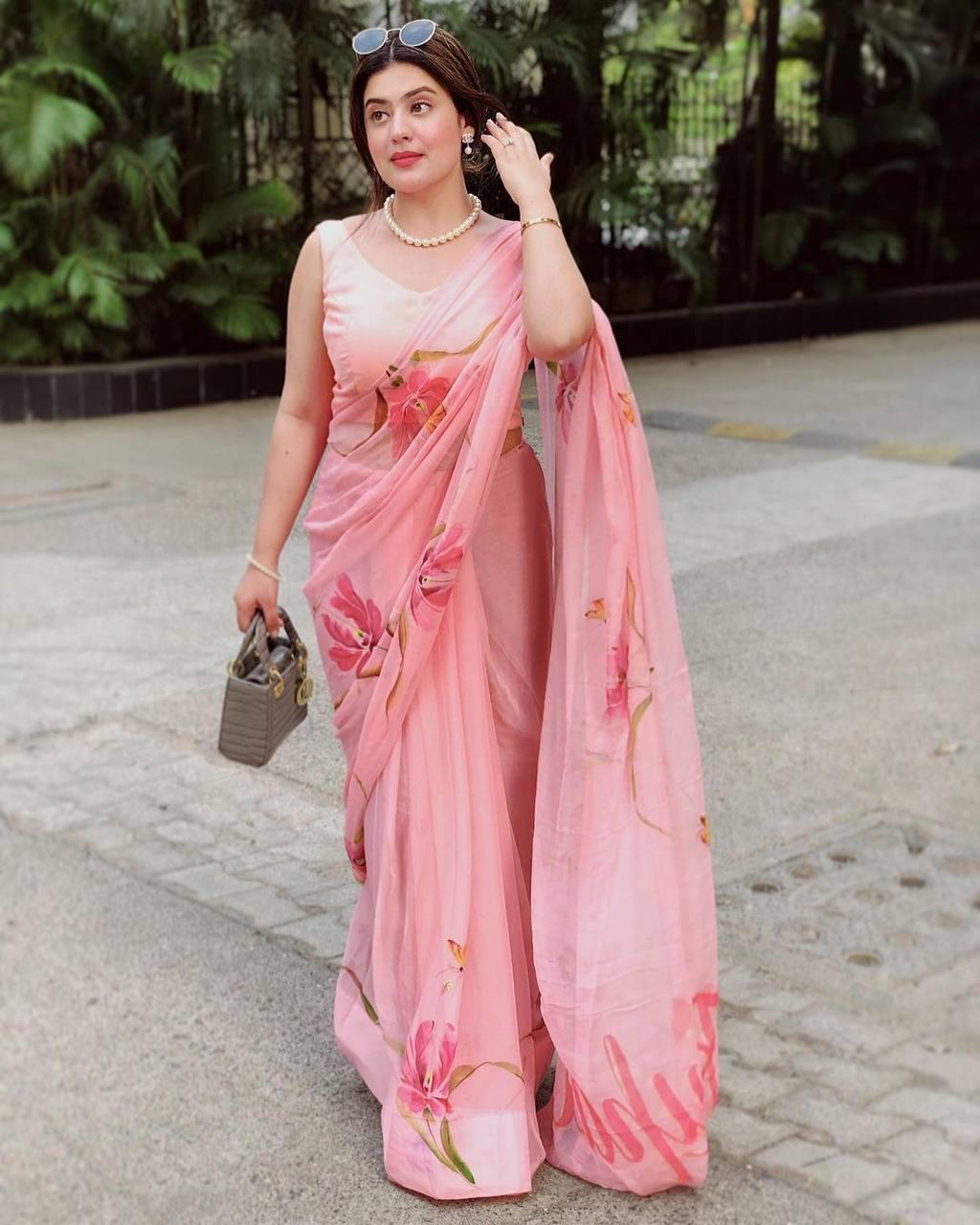 Gorgeous Peach Color Vichitra Silk Digital Printed Party Wear Saree Blouse
