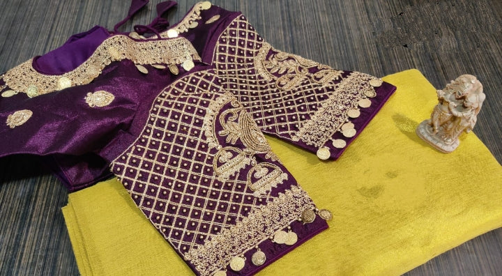 Flaunt Yellow Color Tissue Silk Wedding Wear Saree Ready Made Blouse