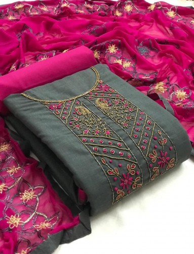 Gorgeous Grey Color Hand Work Regular Wear Cotton Salwar Suit