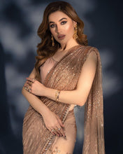 Load image into Gallery viewer, Chiku Color Soft Net Sequence Work Heavy Saree
