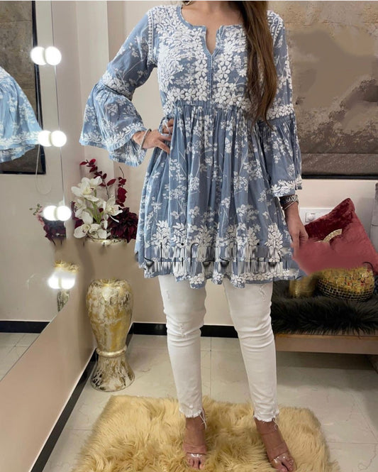 Function Wear Rayon Embroidered & Print Flairy Top with Stitched Pant For Girls