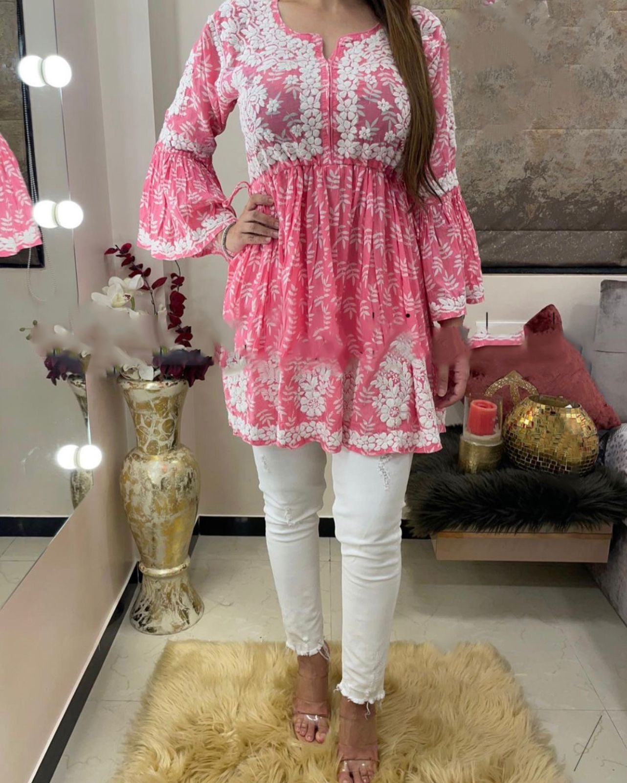 Function Wear Rayon Embroidered & Print Flairy Top with Stitched Pant For Girls