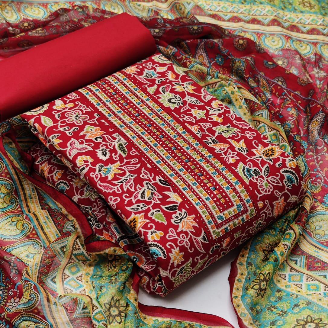 Dazzling Red Color Cotton Designer Printed Salwar Kameez For Ladies