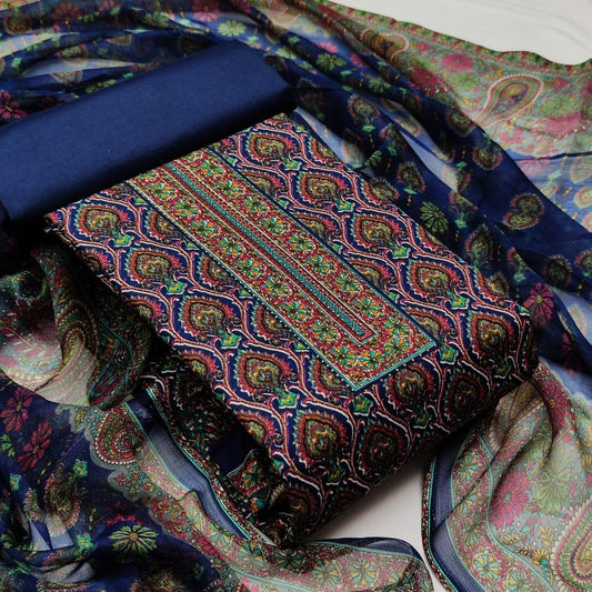 Pretty Navy Blue Color Floral Printed Cotton Salwar Suit For Festive Wear