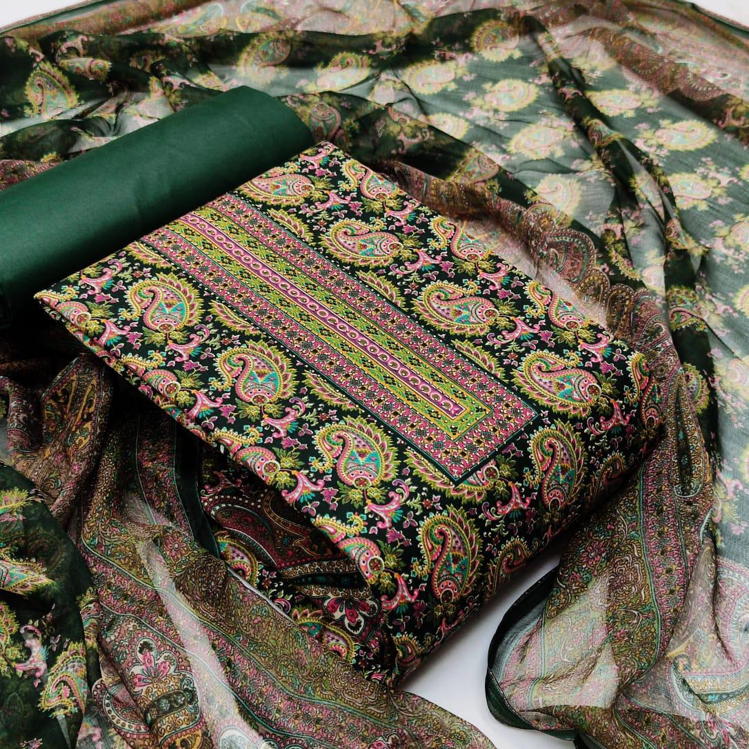 Pleasant Bottle Green Color Cotton Printed Floral Design Salwar Suit