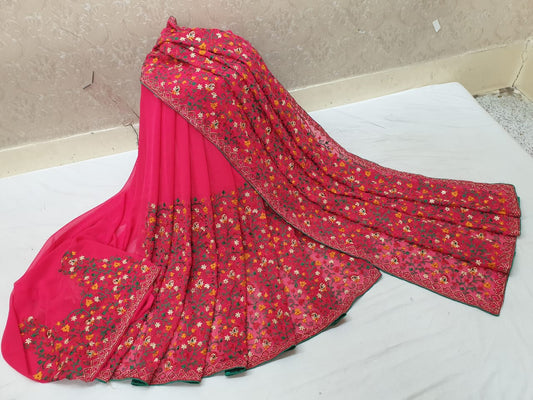 Graceful Pink Color Stone Thread Work Georgette Party Wear Saree Blouse