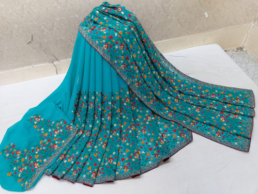 Sky Blue Color Surpassing Georgette Embroidered Thread Work Saree Blouse For Ladies