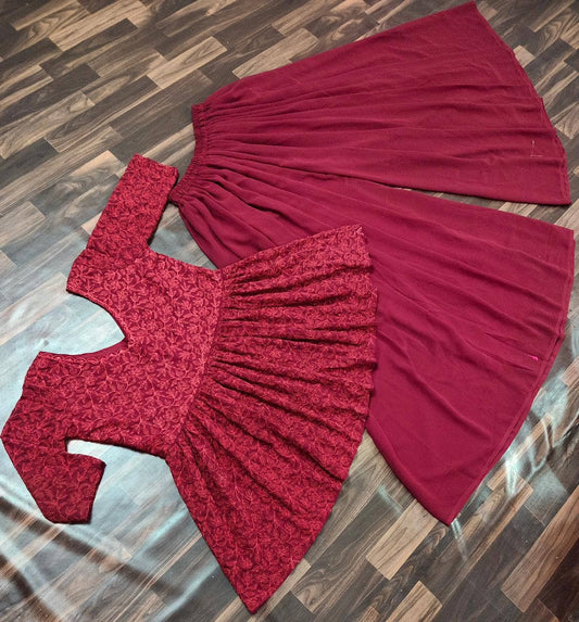 Refreshing Red Color Georgette Embroidered Work Festival Wear Plazo Kurti