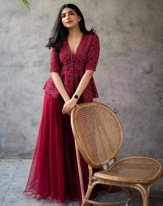 Refreshing Red Color Georgette Embroidered Work Festival Wear Plazo Kurti