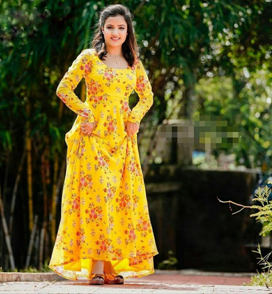 Appealing Yellow Color Ready Made Casual Wear Georgette Printed Gown