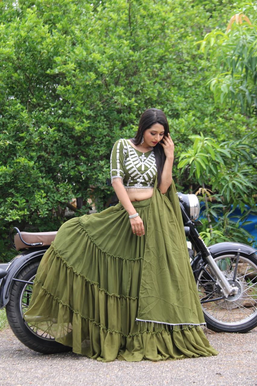 Marvelous Green Color Function Wear Trendy Georgette Ruffle Embroidered Mirror Work Lehenga Choli