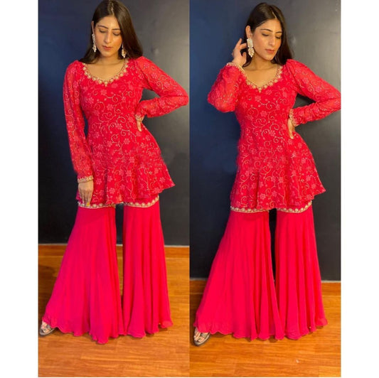Fantastic Red Color Georgette Sequence Work Sharara Salwar Suit