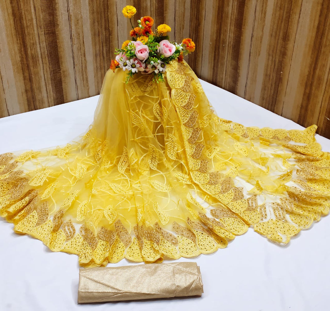 Astonishing Yellow Color Net Embroidered Diamond Work Saree Blouse For Women
