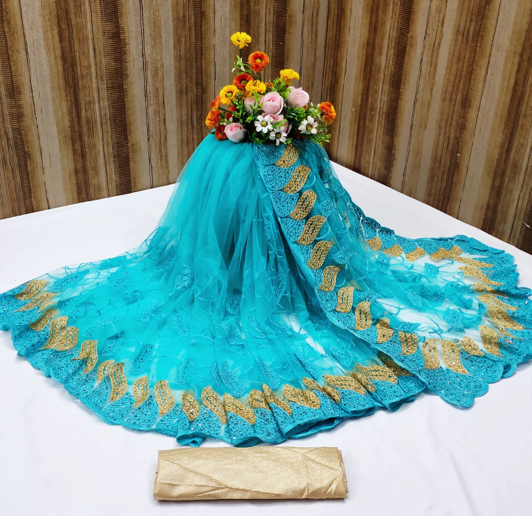 Thrilling Sky Blue Color Party Wear Net Zari Chine Stitched Work Saree Blouse