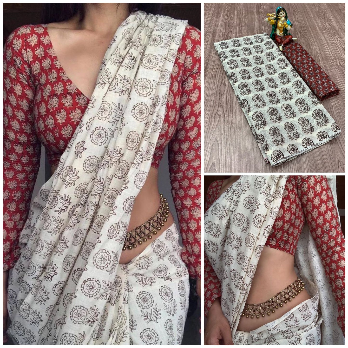 Unique Off White Color Cotton Printed Festive Wear Saree Blouse
