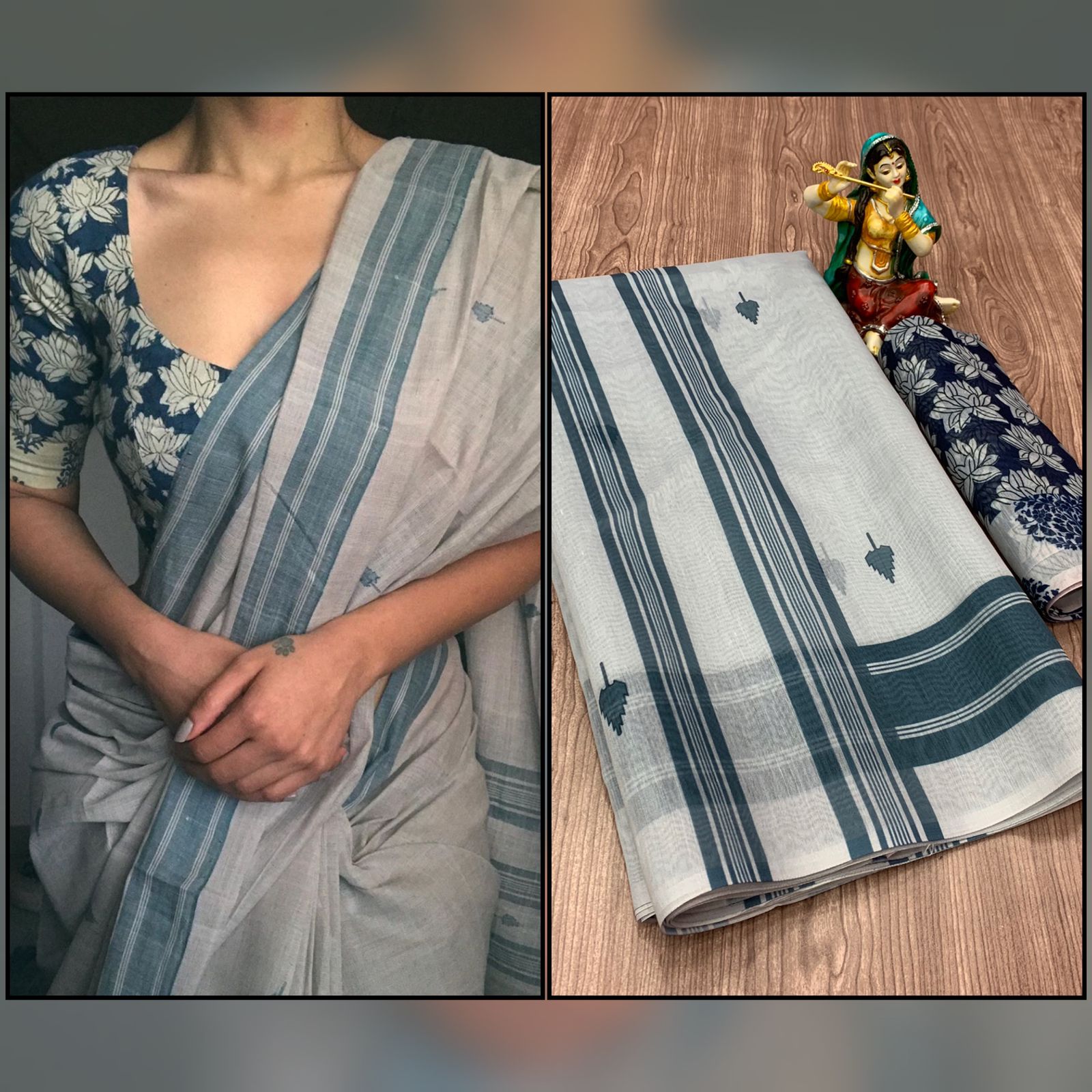Shattering Grey Color Cotton Digital printed Occasion Wear Saree Blouse