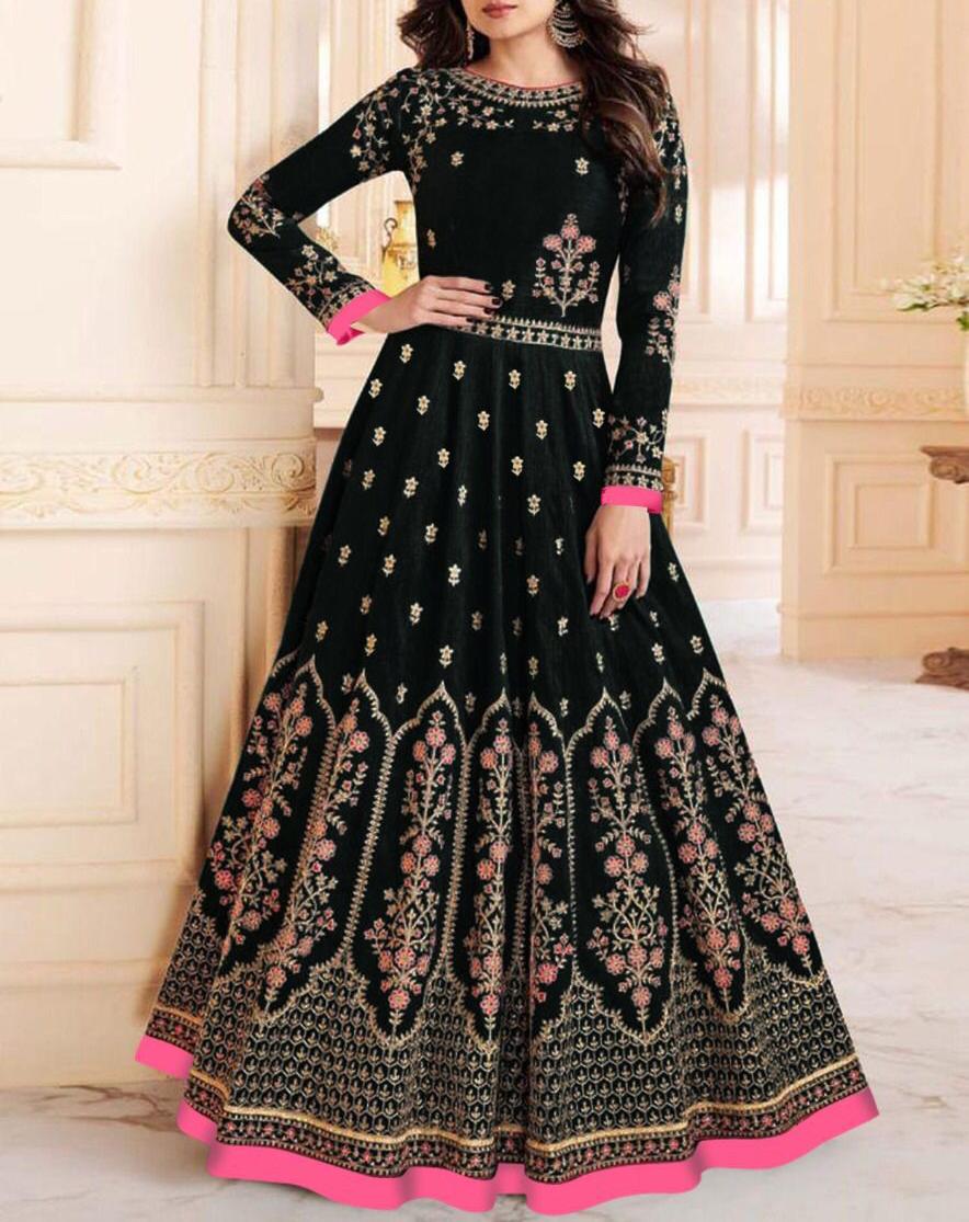 Marvalous Black Color Rayon Full Stitched Foil Work Gown Design