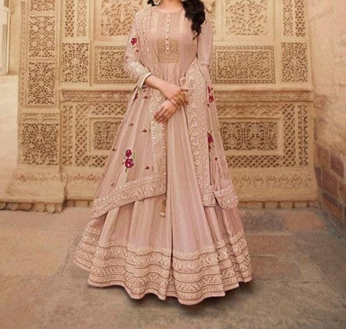Ravishing Beige Color Silk Design Coding Multi Work Salwar Suit For Ladies