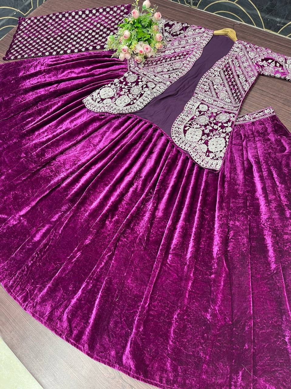 Opulent Wine Color Velvet Chine Sequence Work Indo Westwern Lehenga Choli