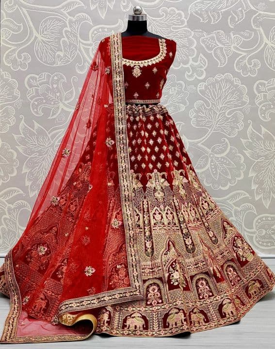 Unique Red Color Zari Damond Work Designer Velvet Function Wear Lehenga Choli